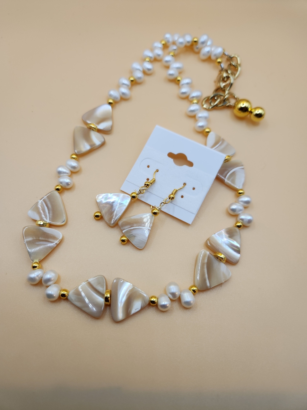 Gold and Pearl Shell Triangle Necklace and Earring Set